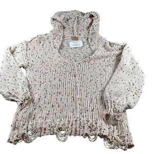 POLT Warm Thoughts‎ Cream Multi Color Speckled Hooded Distressed Sweater Large